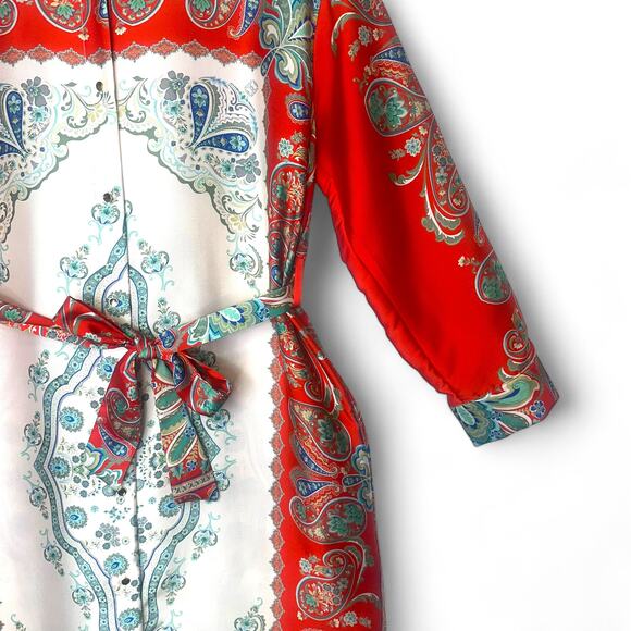 Zara Printed Shirt Dress Size S Red Multi Paisley Floral Satin Button Midi Dress - Picture 14 of 14
